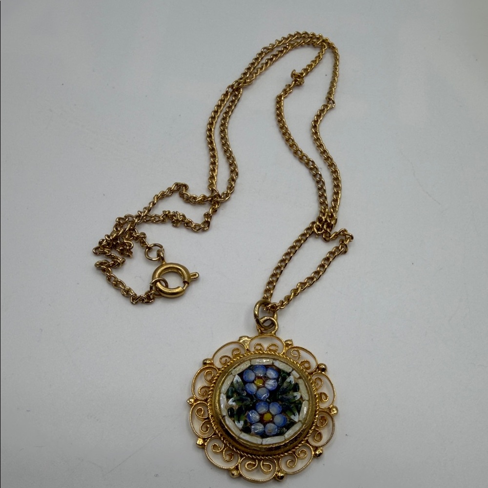 Vintage Italian Micro Mosaic Floral Pendant Necklace - Blue Forget-Me-Not